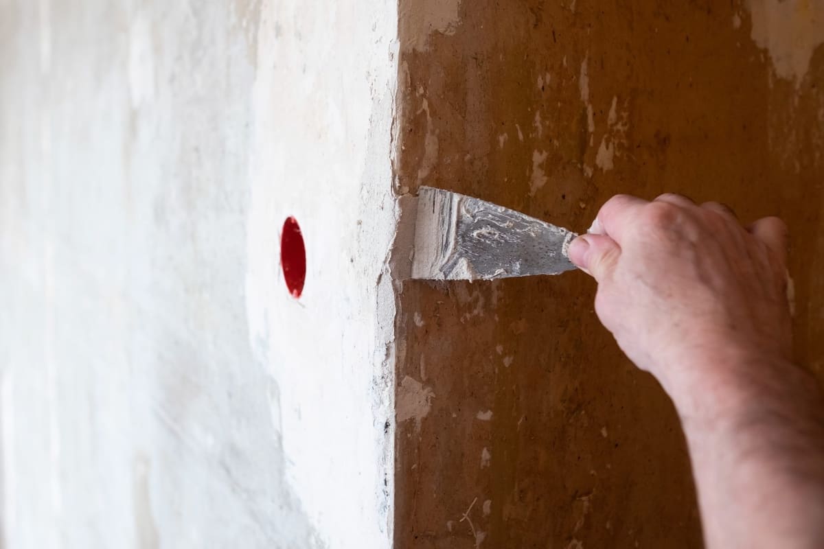 Mano con una espátula extendiendo yeso blanco sobre una pared en obra, junto a una caja de enchufe empotrada.