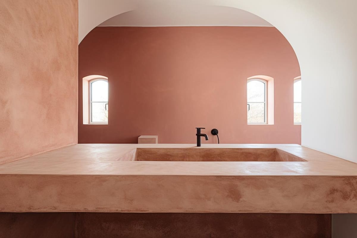Baño con las paredes y un lavabo de obra revestidos de un acabado continuo de color teja, sin una sola junta, y al fondo una pared con dos ventanas en arco.